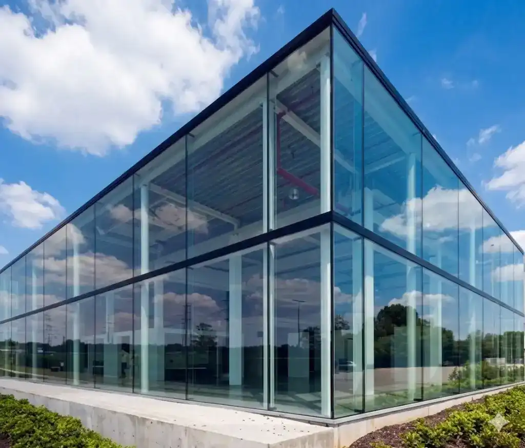 Fachada moderna da Village Glass com vidros espelhados